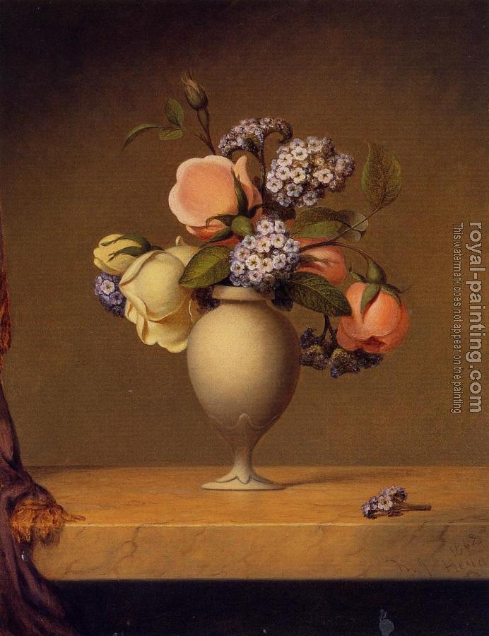Martin Johnson Heade : Roses and Heliotrope in a Vase on a Marble Tabletop